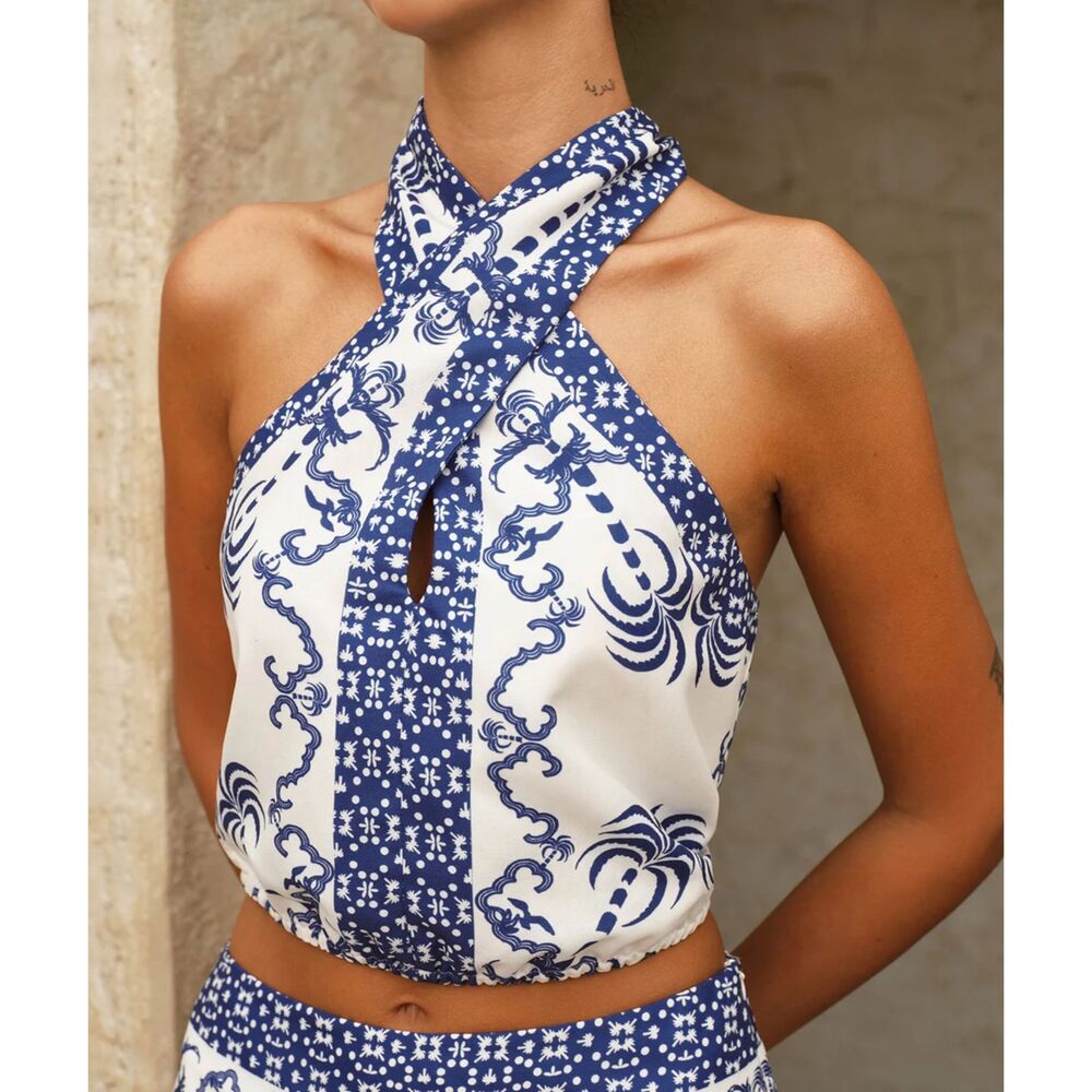 NWT COMMENSE Blue White Printed Palm Tropical Halter Crop Top Womens Large